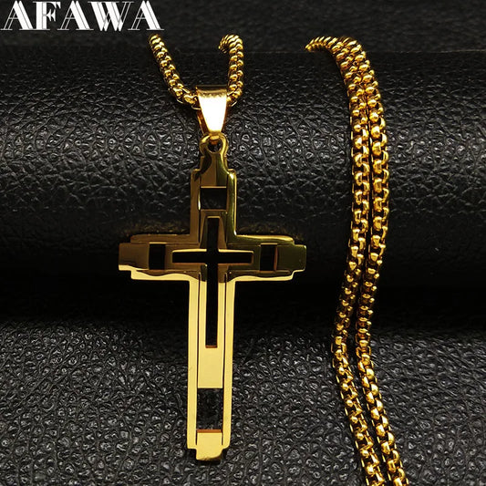 Stainless steel choker-style necklace with cross for men, gold colour, men’s chain jewellery N1173S02
