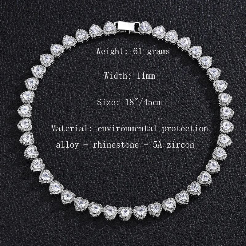 Luxury tennis bracelet and necklace with heart shape and crystals, shiny unisex jewellery gift