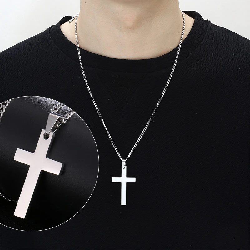 Fashion stainless steel cross pendant necklace for men and women, link chain, punk and hip hop style jewellery, gift for boys and girls.