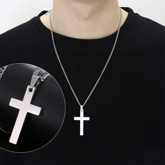 Fashion stainless steel cross pendant necklace for men and women, link chain, punk and hip hop style jewellery, gift for boys and girls.