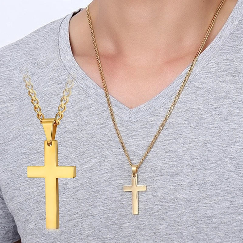 Fashion stainless steel cross pendant necklace for men and women, link chain, punk and hip hop style jewellery, gift for boys and girls.
