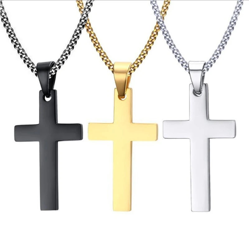 Fashion stainless steel cross pendant necklace for men and women, link chain, punk and hip hop style jewellery, gift for boys and girls.