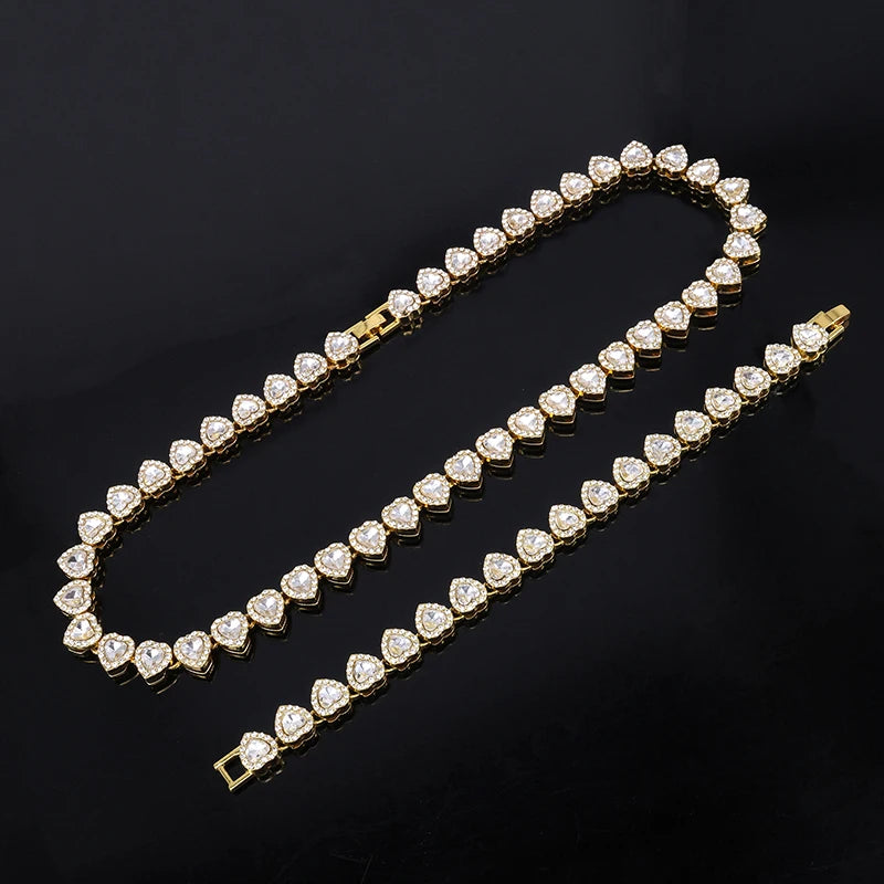 Luxury tennis bracelet and necklace with heart shape and crystals, shiny unisex jewellery gift