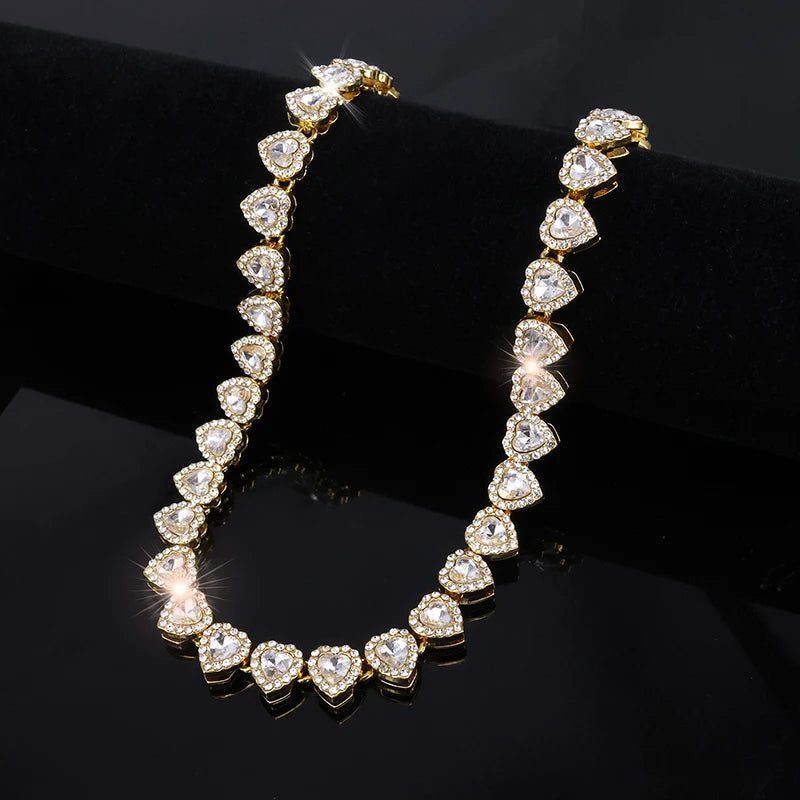 Luxury tennis bracelet and necklace with heart shape and crystals, shiny unisex jewellery gift