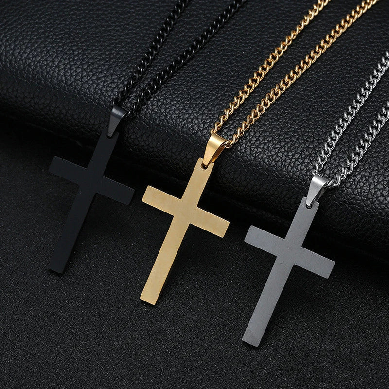 Fashion stainless steel cross pendant necklace for men and women, link chain, punk and hip hop style jewellery, gift for boys and girls.