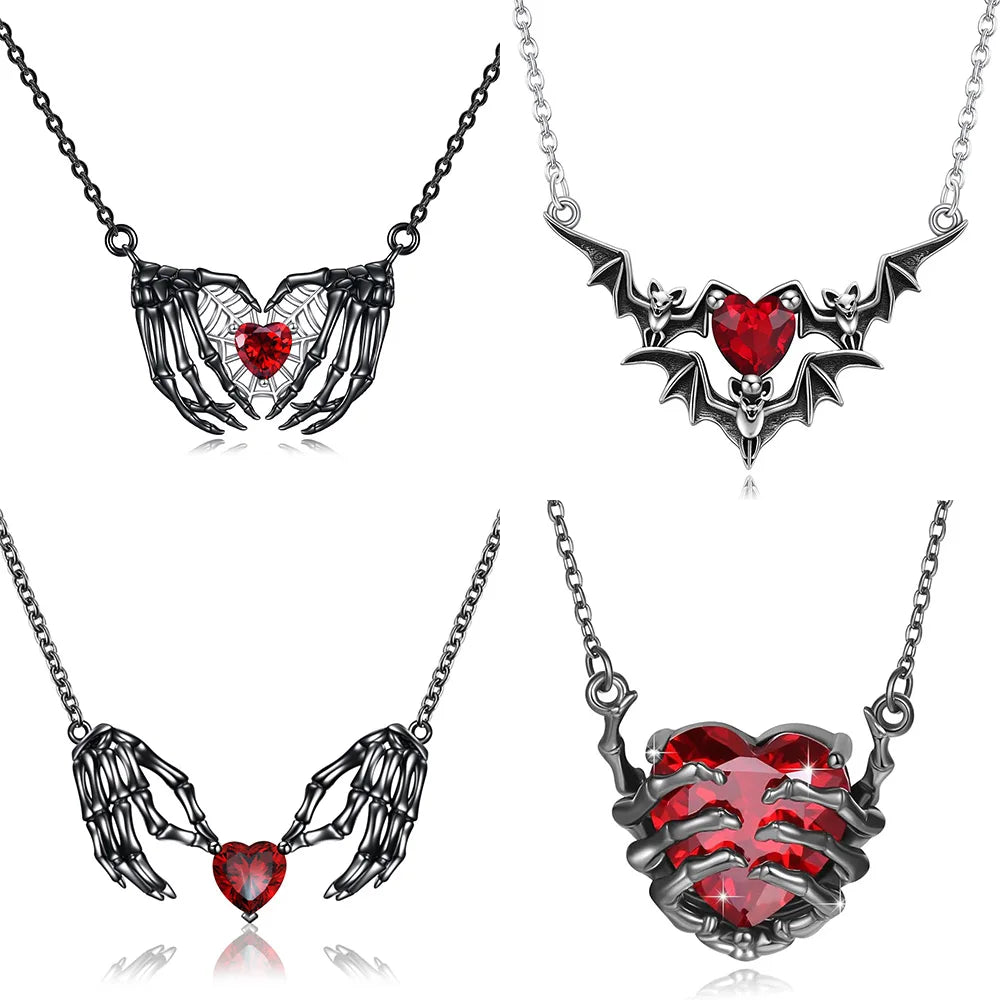 Punk gothic-style necklace with bat wing pendant and heart shape in resin – dark fantasy alloy chain, Halloween gift for women, casual fashion accessory