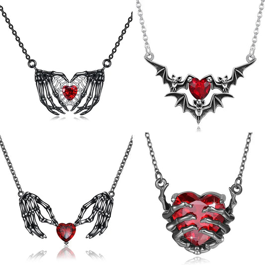 Punk gothic-style necklace with bat wing pendant and heart shape in resin – dark fantasy alloy chain, Halloween gift for women, casual fashion accessory