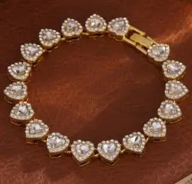Luxury tennis bracelet and necklace with heart shape and crystals, shiny unisex jewellery gift
