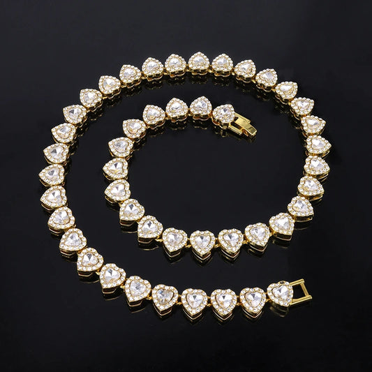 Luxury tennis bracelet and necklace with heart shape and crystals, shiny unisex jewellery gift