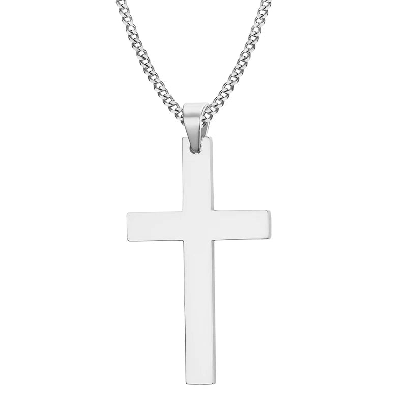 Fashion stainless steel cross pendant necklace for men and women, link chain, punk and hip hop style jewellery, gift for boys and girls.