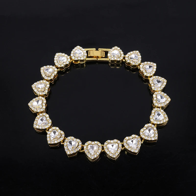 Luxury tennis bracelet and necklace with heart shape and crystals, shiny unisex jewellery gift