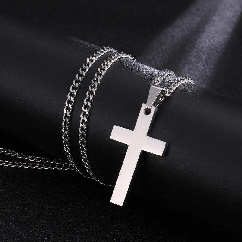 Fashion stainless steel cross pendant necklace for men and women, link chain, punk and hip hop style jewellery, gift for boys and girls.