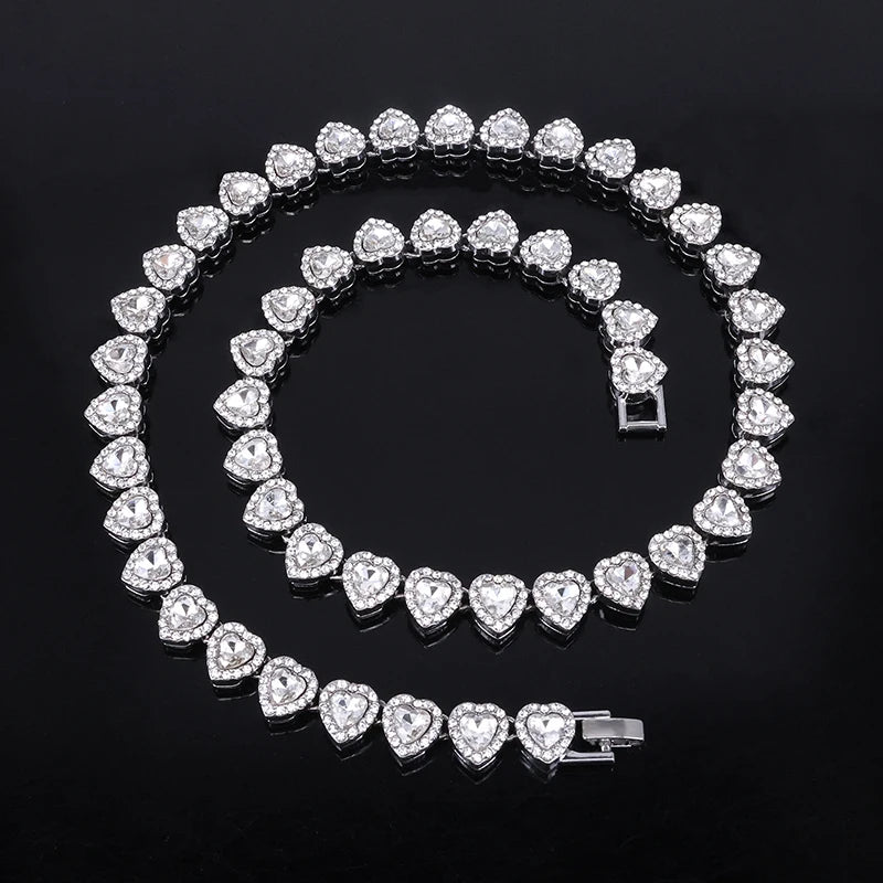 Luxury tennis bracelet and necklace with heart shape and crystals, shiny unisex jewellery gift